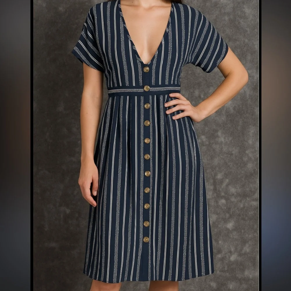 Charlotte Russe Blue & White Vertically Striped Button-Up Dress W/ Waist Tie. S. - Picture 11 of 14